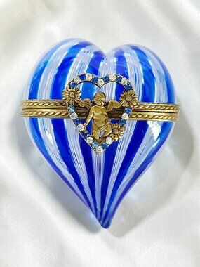 Murano Latticino Cobalt Blue Glass Heart Trinket Box W/Cherub & Rhinestone Accen